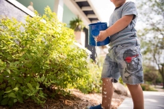 Child spills watering can as he carries it to water plants during a family documentary session